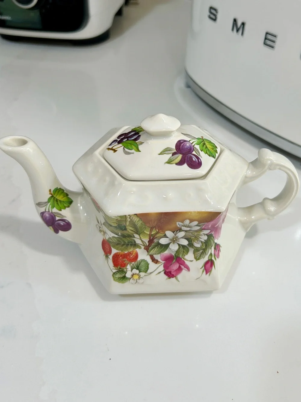 Vintage Cream Ceramic Teapot with Multicolor Fruit & Floral Motif